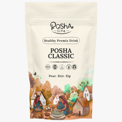 Posha Classic Healthy Premix Drink – Cream coloured pouch with village illustration