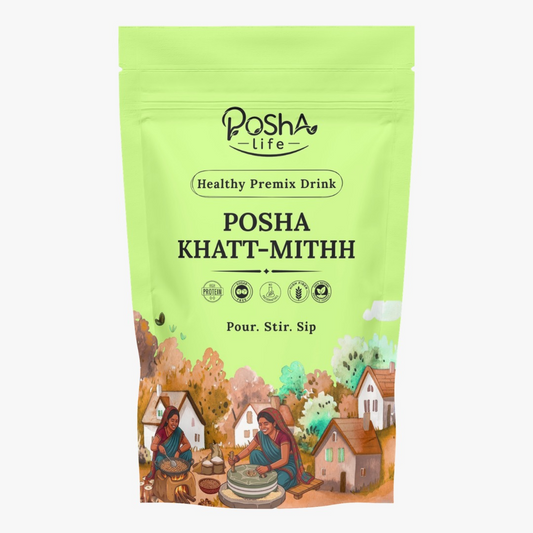 Posha Khatt-Mithh Healthy Premix Drink – Green coloured pouch with village illustration
