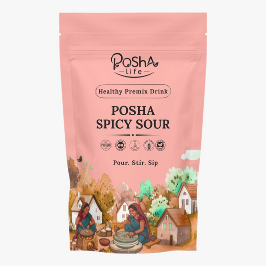 Posha Spicy Sour Healthy Premix Drink – Pink coloured pouch with village illustration